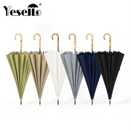 Yesello Bamboo Handle Strong Long Rain Umbrella Women Men 16K Glassfiber Style Parasol 201111220pp