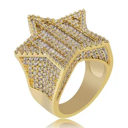 Oro 18 carati Oro bianco Mens Luxury Bling Cubic Zirconia Pentagram Hip Hop Ring Band Full Diamond Iced Out Rapper Gioielli Regali per 243D