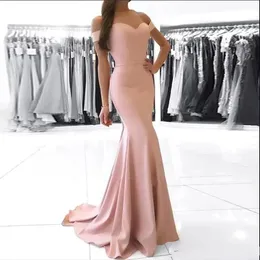 2021 Cheap Dusty Pink Off Shoulder Mermaid Prom Dresses Eleagnt Sheath Evening Gown Long Formal Party Pageant Bridesmaid Dresses B265F