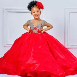 2021 Lussuosi cristalli rossi Flower Girl Dresses Sheer Neck Ball Gown Bambina Abito da sposa Comunione Abiti da spettacolo ZJ555268U