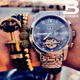 腕時計のビンガーのビンガーオートマチックウォッチカジュアルスケルトンフライホイール腕時計クリスタルスチールケースオートデート週relogio masculino zegarek