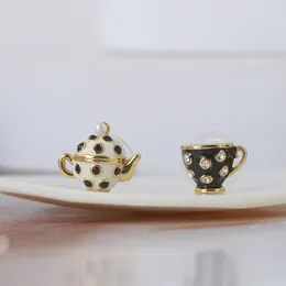 Trendy Women's Ear Studs Jewelry Small Teapot Teacup Inlaid with Small Diamond Enamel Earrings