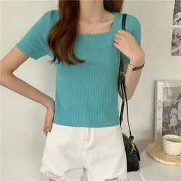 Women's Sweaters GGRIGHT Women Square Neck Pretty Stitch Short Sleeve Knit Top Pointelle With Wave Trim Tees Lace Tops