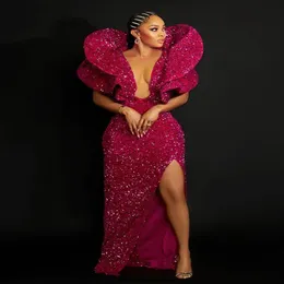 2021 Plus Size arabo Aso Ebi elegante sexy fucsia Prom Dresses High Split paillettes sera formale partito secondo ricevimento abiti Dr246l