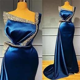 2021 Королевская синяя атласная русалка Формальные женские вечерние платья для бисеров с бисером с бисером с бисером плюс платья для вечеринок