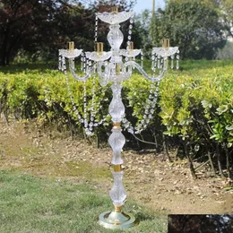 Ljusstakare 5 st / parti 90 cm höjd akryl 5-armar metallkandelbras med kristallhängare Holder Centerpiece Party Decor Drop D DHZ5R