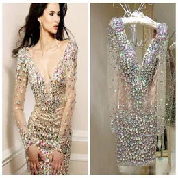 Arabic Cocktail Dresses Sparkling Rhinestone Mini Club Wear Dress Party Gowns Deep V Neck Long Sleeves Sexy Cocktail Short Prom Dr176x