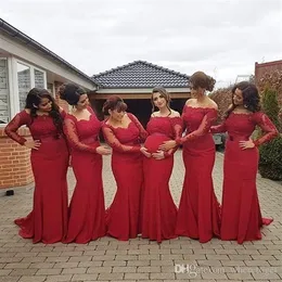 Elegant Arabic African Style Red Bridesmaid Dresses Plus Size Maternity Off Shoulder Long Sleeves Prom gowns Pregnant Formal Dress218m