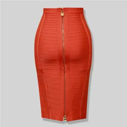 Skirts High Quality Black Red Blue Orange Zipper Bodycon Rayon Bandage Skirt Day Party Pencil Skirt 230720