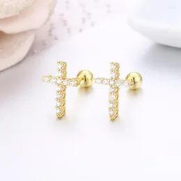 Ohrstecker, niedliches Kreuz, voller kubischer Zirkon, kleiner Schraubverschluss, für Frauen, Kinder, Babys, Goldfarbe, Piercing-Schmuck, Aros-Ohrringe