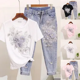 Dwuczęściowe spodnie damskie letnia moda dla kobiet haft 3D kwiat T-shirty dżinsy Zestaw zwykłego dziury dżinsowy garnitur n7ye