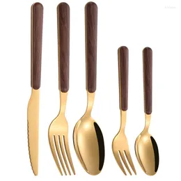 식기 세트 5pcs flatware set 테이블웨어 나무 손잡이 거울 부엌 칼날 포틀리 포크 스푼 칼 가정