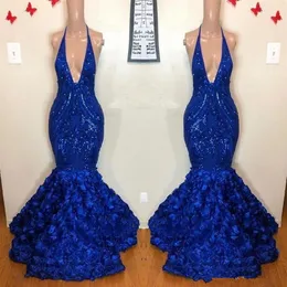 Royal Blue Mermaid Prom Dresses Sexy Africano Scollo profondo senza maniche Paillettes Fiori rosa Abiti da sera lunghi Vestidos237W