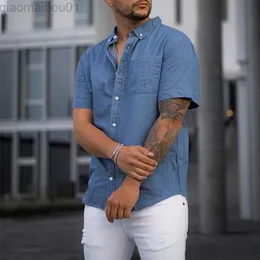 Koszule męskie 2023 NOWOŚĆ MASOWE TUDOWN-DOWN KOBRONA KAIRT Casual krótkie rękawy Solidne topy Winted Vintage Denim Bluzka Fitness TEE TESE L230721