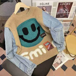 Leende ansikte lösa tröja toppar kvinnor denim ärm rund nacke pullover jumpers vinter mode streetwear stilig chic stickwear l230619