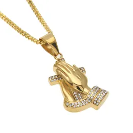 New Mens Hip Hop Parying Hands Cross Pendant Iced Out Strass Acciaio inossidabile Collana con ciondolo color oro Catena Punk Jewelry289Y