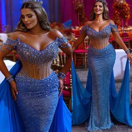 2023 Aso Ebi Mermaid Blue Prom Dress Beaded Crystals Sexy Evening Formal Party Second Reception Birthday Engagement Gowns Dresses Robe De Soiree ZJ750