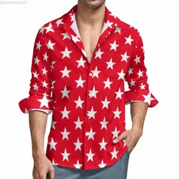 Men's Casual Shirts White Red Star Y2K Casual Shirt Men Athletic July 4th Stars Print Shirt Autumn Vintage Blouses Long Sleeve Custom Oversized Top L230721