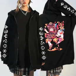 Herrtröjor anime genshin påverkar fickan blixtlås hu tao manga streetwear harajuku långärmad huva tröjor jackor rockar