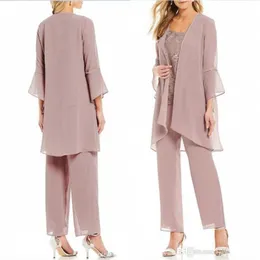 Rose Pink Mother of the Bride Pants Suits Chiffon Mother of the Bride With Jacket Lady för Wedding Party Bridal Evening wear205q