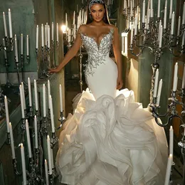 2021 Mermaid Wedding Dress Tiered Ruffles Long Train Beaded Bridal Gowns Saudi Arabic Luxury vestido de novia212C