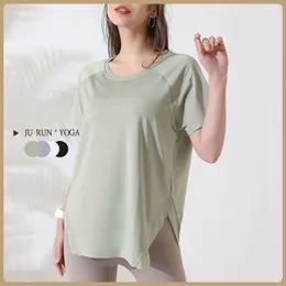 루 요가 여름 셔츠 여자 라운드 칼라 짧은 슬리브 블라우스 통기성 스포츠 피트니스 단색 티셔츠 T988