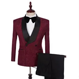 Populära dubbelbröst burgundy paisley brudgummen smoking sjal lapel groomsmen mens kostymer bröllop prom middag blazer jacka byxor t250v