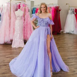 Sparkly Purple Spaghetti Strap Prom Dresses Sequin Side Split 2 Pieces Evening Party Gown Feather of Shoulder Junior Homecoming Dress 407