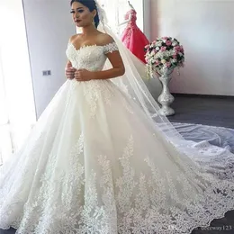 Luxury Lace Ball Gown Off the Shoulder Wedding Dresses Sweetheart Lace Up Back Princess Illusion Applique Bridal Gowns robe de mar2285