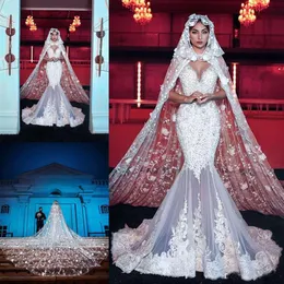 Luksusowe muzułmańskie sukienki ślubne syreny z Cape V szyi koraliki kryształowe suknie ślubne saudyjskie arabskie dubaj vestido de nov347c