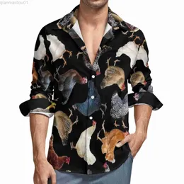 メンズカジュアルシャツ面白いチキンシャツ男性かわいい鶏のカジュアンシャツ秋のハラジュクグラフィックブラウス長袖トレンディ特大の服ギフトl230721