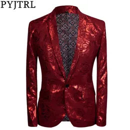 PYJTRL New Tide Men Plus Size Shiny Red Rose Casual Blazer Design Fashion Singer Costume Mens Blazer Slim Fit Suit Jacket2495