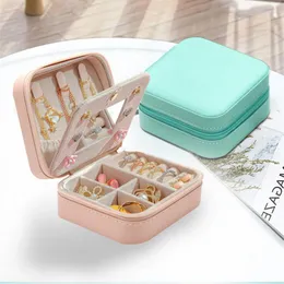 Jewelry Pouches Lady Earring Holder PU Leather Zipper Storage Box With Mirror Portable Bracelets Case Display Travel Organizer