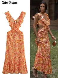 Temel gündelik elbiseler moda baskı fırfırları dres askı midi içi boş sırtsız dişi dantel yukarı v boyun yaz kolsuz vintage vestido 230721