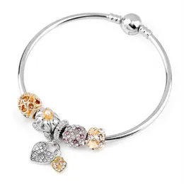 Charm Beads Bracelets Diamond Heart Pendant Bangle Charm Pandora Gold Bead como presente DIY Joias com Logo 324A