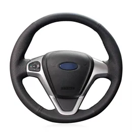 For Ford Fiesta 2008-13 hand-sewn steering wheel cover black artificial leather257v