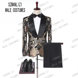 جديد 2019 Golden Embroidery Men Suits for Groom Tuxedos Costume Homme Groomsmen Mens Wedding Prom Suits Man Blazer309U