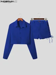 Herrtröjor Casual Men's Solid Color Set Long Sleeved Shirt med sidoögonpull Rem kortärmad uppsättning 2-delad S-5XL 2023 Z230721