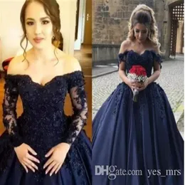 2020 Navy Blue Quinceanera Dresses Ball Gown Off Shoulder 3D Flower Lace Appliques Beaded Sweep Train Satin Corset Prom Evening Go280q