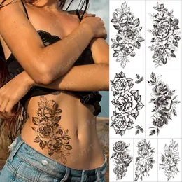 Adesivo de tatuagem falsa de flor de cobra preta grande para mulheres Tatuagens temporárias de rosa peônia faça você mesmo Tatuagens de transferência de água para meninas