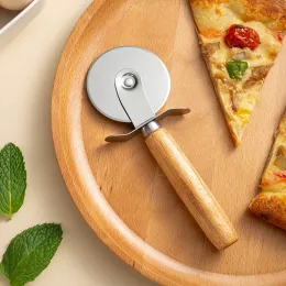 Handhold Pizza Cutter Trähandtag rostfritt stål Runda pizzakniv pasta Roterabel bakverk Bakeware Kök Tool Wood