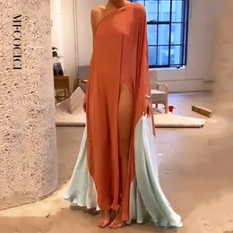 Basic Casual Dresses MECOCICI Women Maxi Prom Robe Fashion One Shoulder Loose Slit Color Block Beach Vacation Party High Street Wear 230721