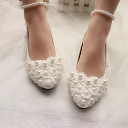 Cheap Pearls Wedding Shoes For Bride 3D Lace Appliqued Prom High Heels Ankle Strap Plus Size Pointed Toe Bridal Shoes262a