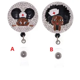 Newest Style Key Rings Black Girl Rhinestone Retractable ID Holder for nurse name accessories badge reel with alligator clip188H