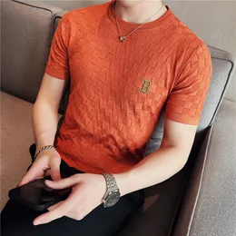 Men's T-Shirts Summer Men Round Neck Embroidered T-Shirt Stretch Plaid Slim Fit Short Sleeve Knit Sweater Tee Shirt Top Social Party Outfit 230720