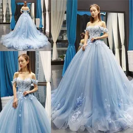 Sky Blue Quinceanera Dresses Ball Hown с плеча 3D цветы аппликации сладкие 16 платья для вечеринок vestidos272c