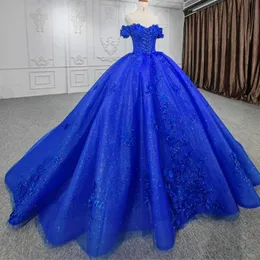 Blaues, glänzendes Prinzessin-Ballkleid, lange Quinceanera-Kleider, Spitze, Kristallperlen, 3D-Blumen-Tüll, U-Ausschnitt, Korsett, Sweet-15-Partykleid