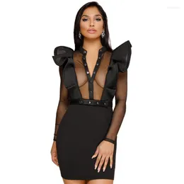 Lässige Kleider Sexy Mesh Durchsichtiges schwarzes, figurbetontes Minikleid Lange Seeve Frauen Rüschen O-Ausschnitt Knopf Nachtclub Kurze Party mit Gürtel