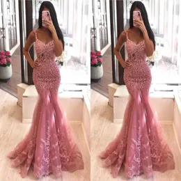 Plus Size Blush Pink Beaded Mermaid Prom Dresses V Neck Lace Appliqued Evening Gowns Sweep Train Formal Dress ogstuff vestidos de 258C