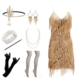 Stage Wear Anni '20 Flapper Dress Great Gatsby Party Evening Paillettes Abiti con frange Abito con set di accessori anni '20